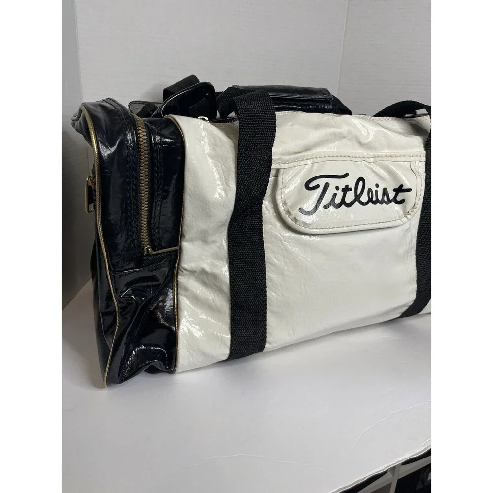 Titleist Vintage Black White Leather Golf Bag Duffle Weekend Zip Carry All